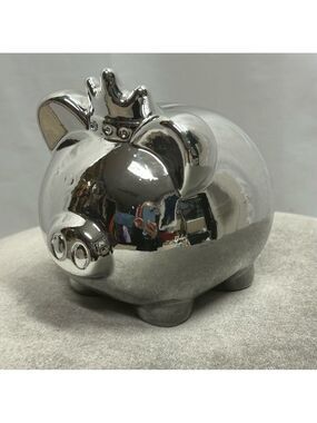 Silvertone piggy bank with crown